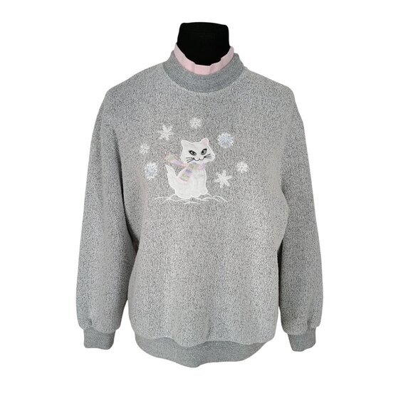 Vintage Bon Worth Gray Cat Embroidered Sweatshirt Women’s Size Medium‎ Petite - Picture 1 of 8